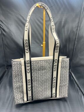 GUESS Cream and Black Monogram Tote with Logo Straps